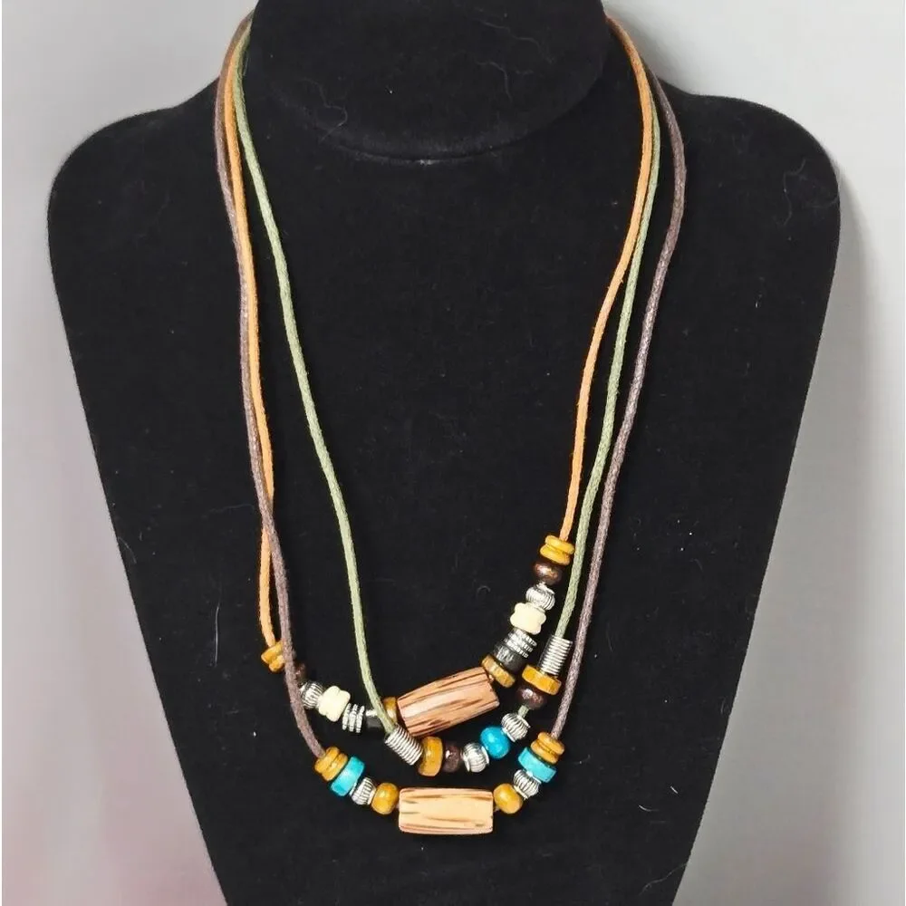 Bohemian Layered Wood Bead Necklace Bracelet Set Adjustable Faux Leather Unisex